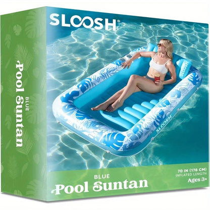 4-in-1 Inflatable Tanning Pool Float (70" x 46") – Extra-Large Suntan Tub Lounge Raft with Removable Pillow, Cup Holders & Wrap-Around Rope – Heavy-Duty Blow-Up Pool Lounge Bed for Adults