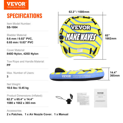 3-Person Inflatable Towable Tube for Boating | Heavy-Duty 62" Water Sports Tube with Stabilizer Fins