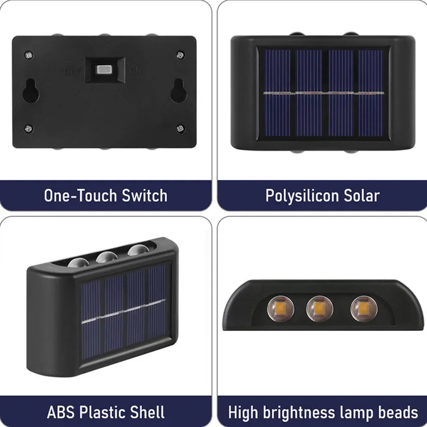 Modern Up and Down Solar Wall Lights – Waterproof LED Exterior Sconce for Garden, Patio, Yard, and Balcony Decoration (4-LED & 6-LED Options)