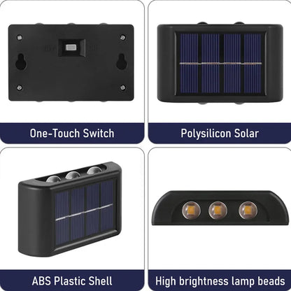 Modern Up and Down Solar Wall Lights – Waterproof LED Exterior Sconce for Garden, Patio, Yard, and Balcony Decoration (4-LED & 6-LED Options)
