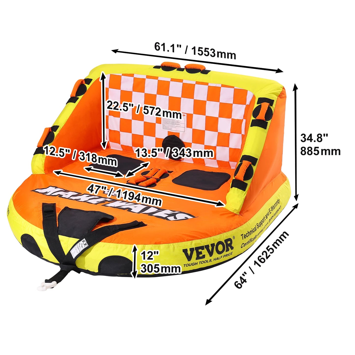 3-Person Inflatable Towable Tube for Boating | Heavy-Duty 62" Water Sports Tube with Stabilizer Fins