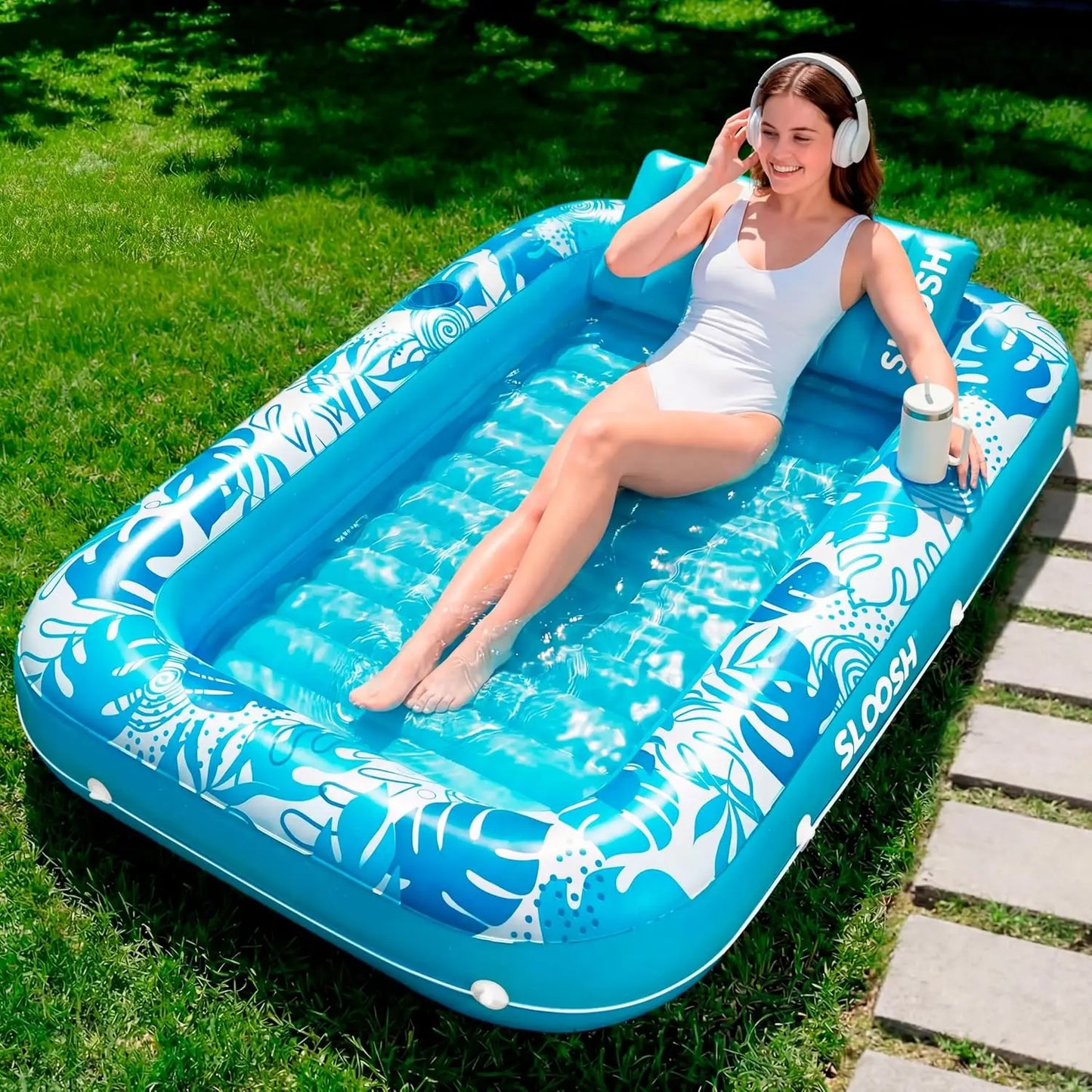 4-in-1 Inflatable Tanning Pool Float (70" x 46") – Extra-Large Suntan Tub Lounge Raft with Removable Pillow, Cup Holders & Wrap-Around Rope – Heavy-Duty Blow-Up Pool Lounge Bed for Adults