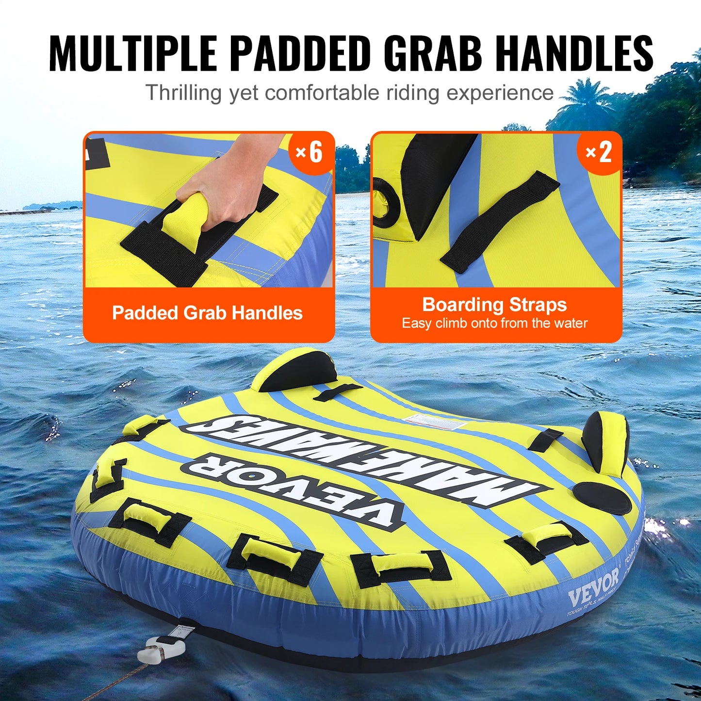 3-Person Inflatable Towable Tube for Boating | Heavy-Duty 62" Water Sports Tube with Stabilizer Fins