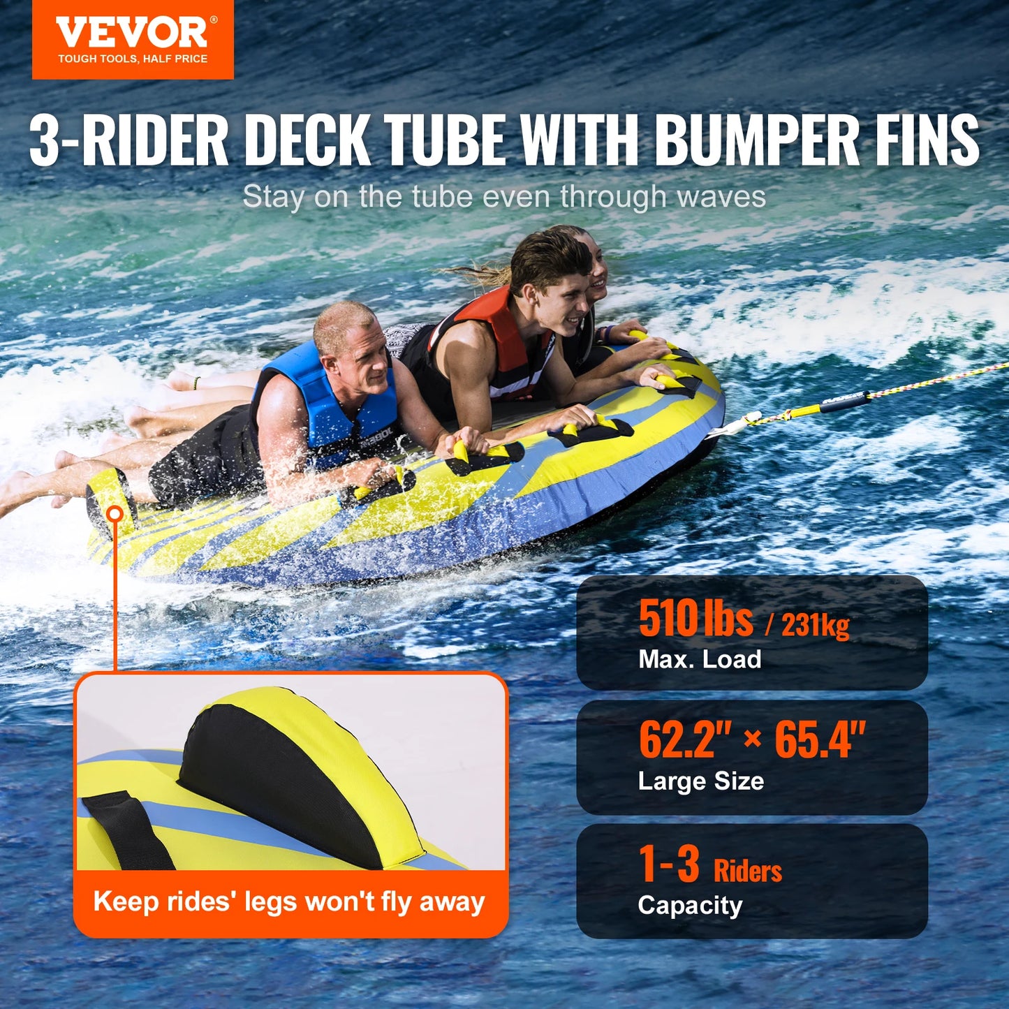 3-Person Inflatable Towable Tube for Boating | Heavy-Duty 62" Water Sports Tube with Stabilizer Fins