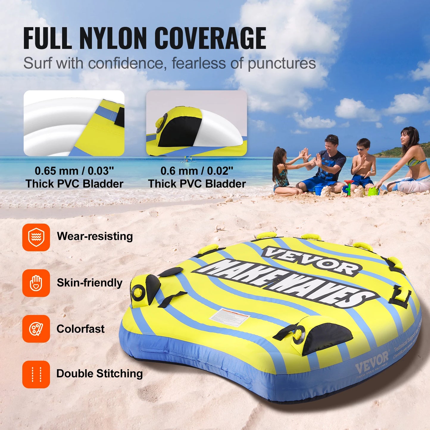 3-Person Inflatable Towable Tube for Boating | Heavy-Duty 62" Water Sports Tube with Stabilizer Fins