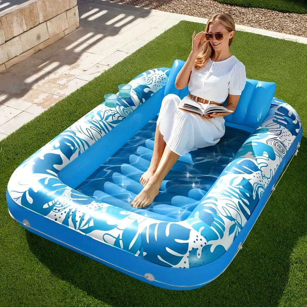 4-in-1 Inflatable Tanning Pool Float (70" x 46") – Extra-Large Suntan Tub Lounge Raft with Removable Pillow, Cup Holders & Wrap-Around Rope – Heavy-Duty Blow-Up Pool Lounge Bed for Adults