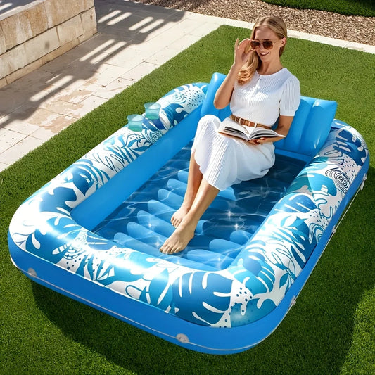 4-in-1 Inflatable Tanning Pool Float (70" x 46") – Extra-Large Suntan Tub Lounge Raft with Removable Pillow, Cup Holders & Wrap-Around Rope – Heavy-Duty Blow-Up Pool Lounge Bed for Adults