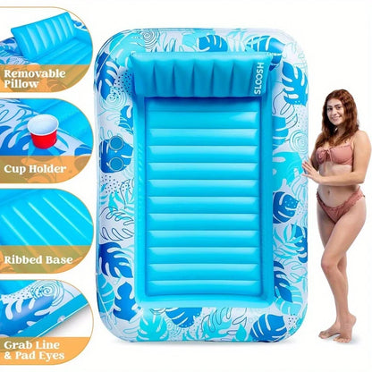4-in-1 Inflatable Tanning Pool Float (70" x 46") – Extra-Large Suntan Tub Lounge Raft with Removable Pillow, Cup Holders & Wrap-Around Rope – Heavy-Duty Blow-Up Pool Lounge Bed for Adults