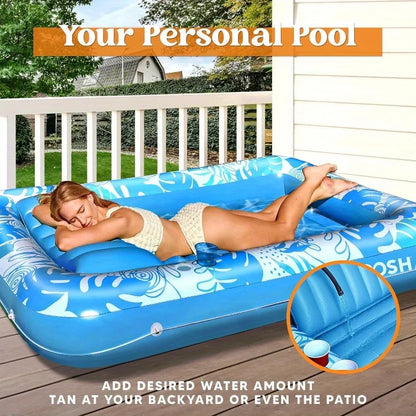 4-in-1 Inflatable Tanning Pool Float (70" x 46") – Extra-Large Suntan Tub Lounge Raft with Removable Pillow, Cup Holders & Wrap-Around Rope – Heavy-Duty Blow-Up Pool Lounge Bed for Adults