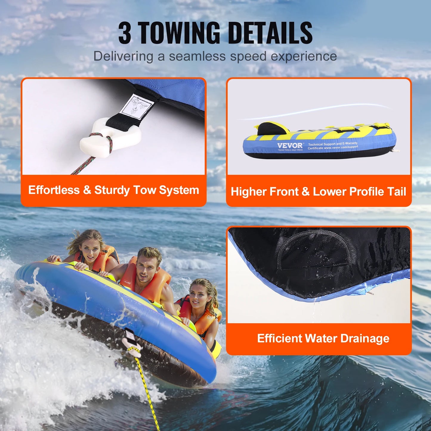 3-Person Inflatable Towable Tube for Boating | Heavy-Duty 62" Water Sports Tube with Stabilizer Fins