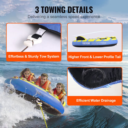 3-Person Inflatable Towable Tube for Boating | Heavy-Duty 62" Water Sports Tube with Stabilizer Fins